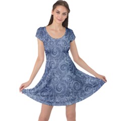 Blue Romantic Flower Pattern Denim Cap Sleeve Dresses by Ivana