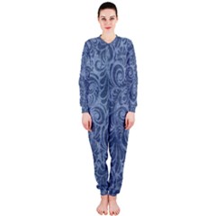 Blue Romantic Flower Pattern Denim Onepiece Jumpsuit (ladies) 