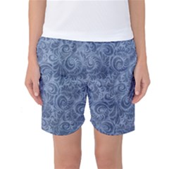 Blue Romantic Flower Pattern Denim Women s Basketball Shorts by Ivana