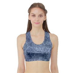 Blue Romantic Flower Pattern Denim Sports Bra With Border