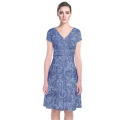 Blue Romantic Flower Pattern Denim Short Sleeve Front Wrap Dress