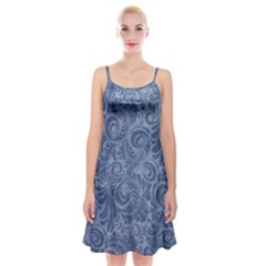 Blue Romantic Flower Pattern Denim Spaghetti Strap Velvet Dress