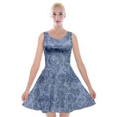 Blue Romantic Flower Pattern Denim Velvet Skater Dress by Ivana