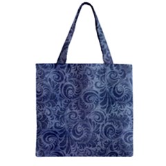 Blue Romantic Flower Pattern Denim Zipper Grocery Tote Bag by Ivana