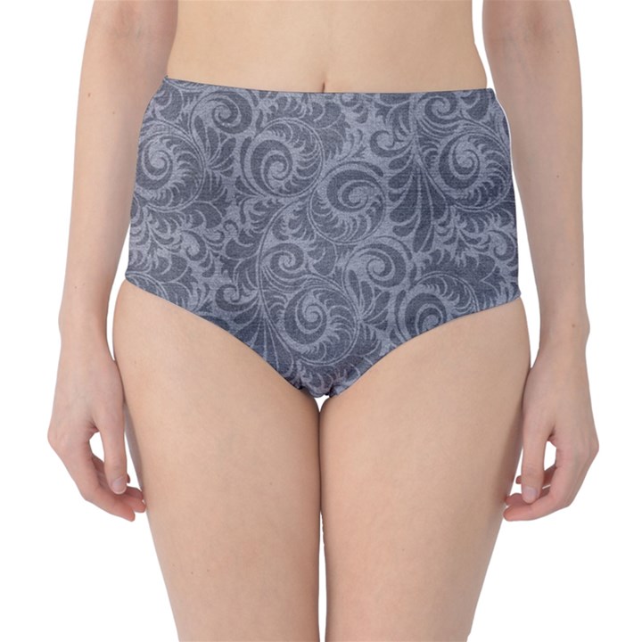 Grey Romantic Flower Pattern Denim High-Waist Bikini Bottoms