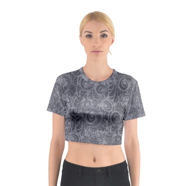 Grey Romantic Flower Pattern Denim Cotton Crop Top