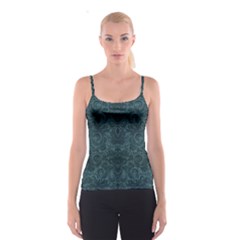 Teal Romantic Flower Pattern Denim Spaghetti Strap Top by Ivana