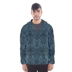 Teal Romantic Flower Pattern Denim Hooded Wind Breaker (men) by Ivana