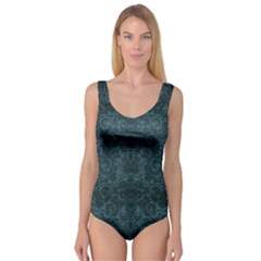 Teal Romantic Flower Pattern Denim Princess Tank Leotard  by Ivana