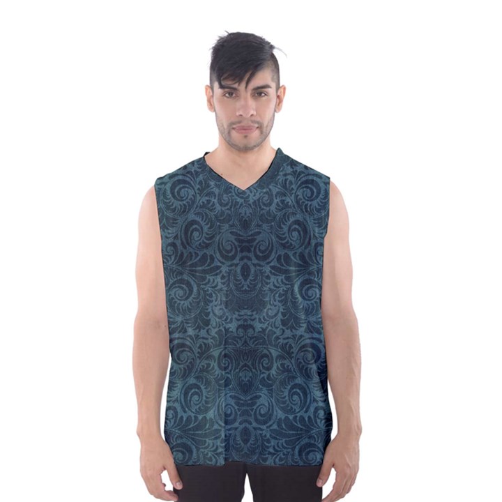 Teal Romantic Flower Pattern Denim Men s Basketball Tank Top