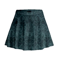 Teal Romantic Flower Pattern Denim Mini Flare Skirt