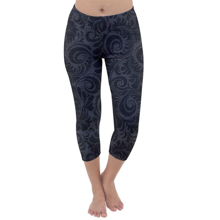 Black Romantic Flower Pattern Denim Capri Winter Leggings 