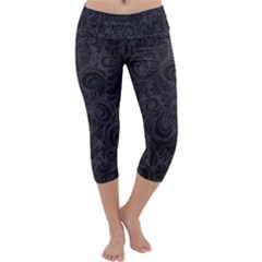 Black Romantic Flower Pattern Denim Capri Yoga Leggings by Ivana