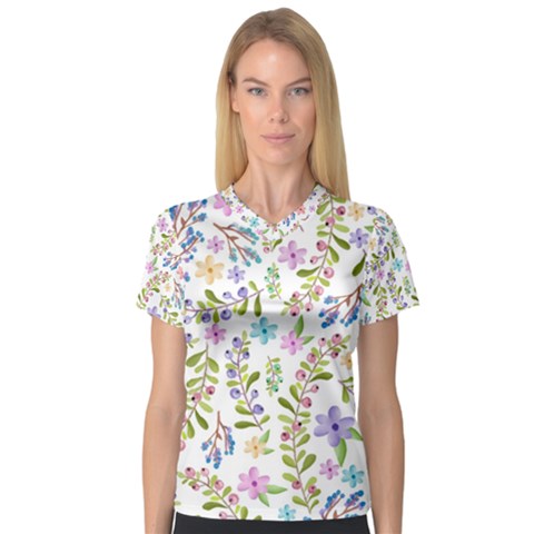 Twigs And Floral Pattern Women s V-neck Sport Mesh Tee by Coelfen