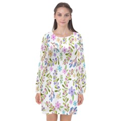 Twigs And Floral Pattern Long Sleeve Chiffon Shift Dress 