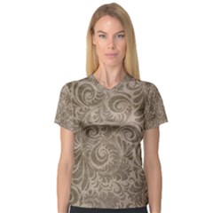 Brown Romantic Flower Pattern Women s V-Neck Sport Mesh Tee