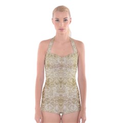 Gold Romantic Flower Pattern Boyleg Halter Swimsuit  by Ivana