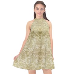 Gold Romantic Flower Pattern Halter Neckline Chiffon Dress 