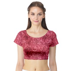 Red Romantic Flower Pattern Short Sleeve Crop Top (tight Fit) by Ivana