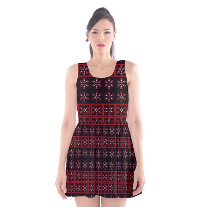 Dark Tiled Pattern Scoop Neck Skater Dress