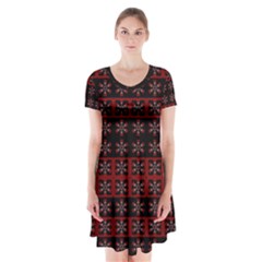 Dark Tiled Pattern Short Sleeve V-neck Flare Dress by linceazul