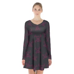 Skull pattern Long Sleeve Velvet V-neck Dress