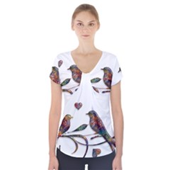 Birds Abstract Exotic Colorful Short Sleeve Front Detail Top by Nexatart