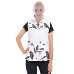 Birds Abstract Exotic Colorful Women s Button Up Puffer Vest