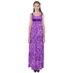 Purple Romantic Flower Pattern Denim Empire Waist Maxi Dress by Ivana