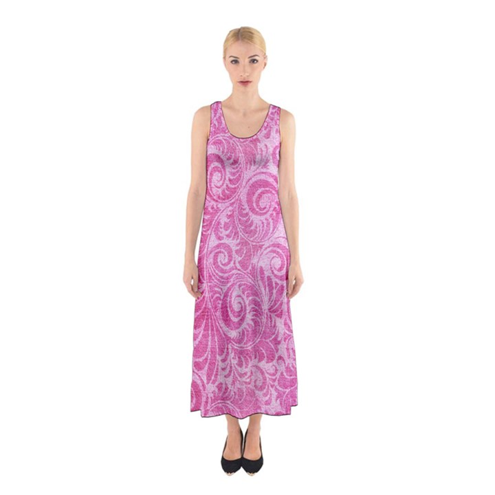 Pink Romantic Flower Pattern Denim Sleeveless Maxi Dress