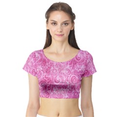 Pink Romantic Flower Pattern Denim Short Sleeve Crop Top (tight Fit) by Ivana