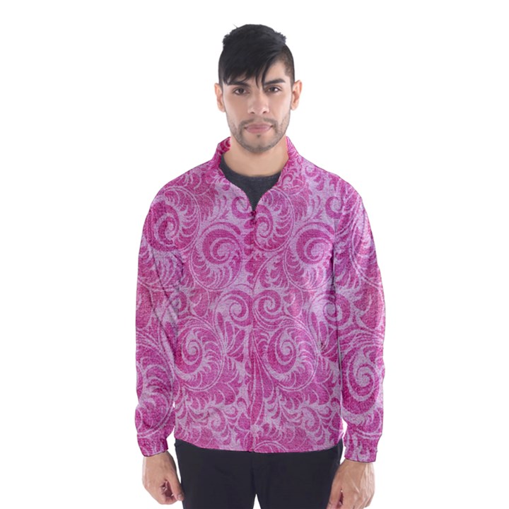 Pink Romantic Flower Pattern Denim Wind Breaker (Men)