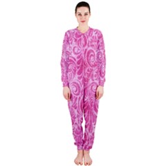 Pink Romantic Flower Pattern Denim Onepiece Jumpsuit (ladies)  by Ivana