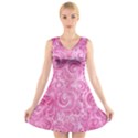 Pink Romantic Flower Pattern Denim V-Neck Sleeveless Skater Dress View1