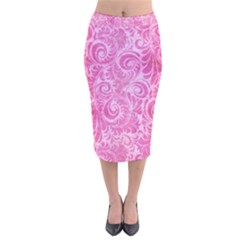 Pink Romantic Flower Pattern Denim Velvet Midi Pencil Skirt by Ivana