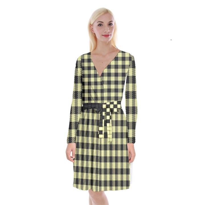 Plaid pattern Long Sleeve Velvet Front Wrap Dress