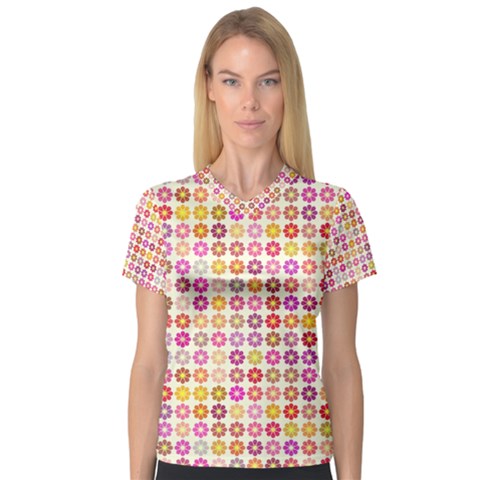 Multicolored Floral Pattern Women s V-neck Sport Mesh Tee by linceazul