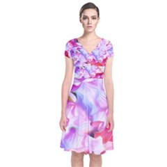 Colorful Abstract Floral Design Short Sleeve Front Wrap Dress