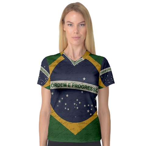 Vintage Flag - Brasil Women s V-neck Sport Mesh Tee by ValentinaDesign