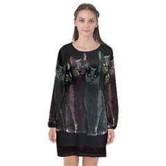 Cats Long Sleeve Chiffon Shift Dress 