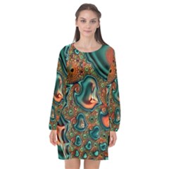 Painted Fractal Long Sleeve Chiffon Shift Dress 