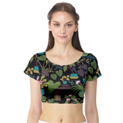 Wreaths Flower Floral Leaf Rose Sunflower Green Yellow Black Short Sleeve Crop Top (tight Fit)