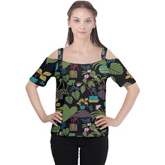 Wreaths Flower Floral Leaf Rose Sunflower Green Yellow Black Women s Cutout Shoulder Tee