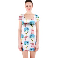 Animals Elephants Giraffes Bird Cranes Swan Short Sleeve Bodycon Dress