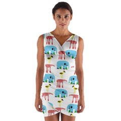 Animals Elephants Giraffes Bird Cranes Swan Wrap Front Bodycon Dress