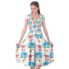 Animals Elephants Giraffes Bird Cranes Swan Cap Sleeve Wrap Front Dress