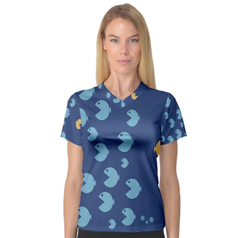 Blue Fish Sea Beach Swim Yellow Predator Water Women s V-neck Sport Mesh Tee by Mariart