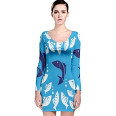 Blue Fish Tuna Sea Beach Swim White Predator Water Long Sleeve Velvet Bodycon Dress by Mariart