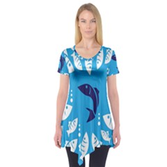 Blue Fish Tuna Sea Beach Swim White Predator Water Short Sleeve Tunic  by Mariart