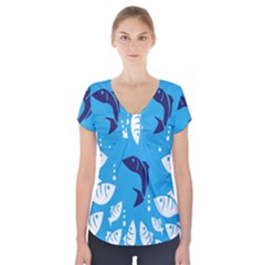 Blue Fish Tuna Sea Beach Swim White Predator Water Short Sleeve Front Detail Top by Mariart